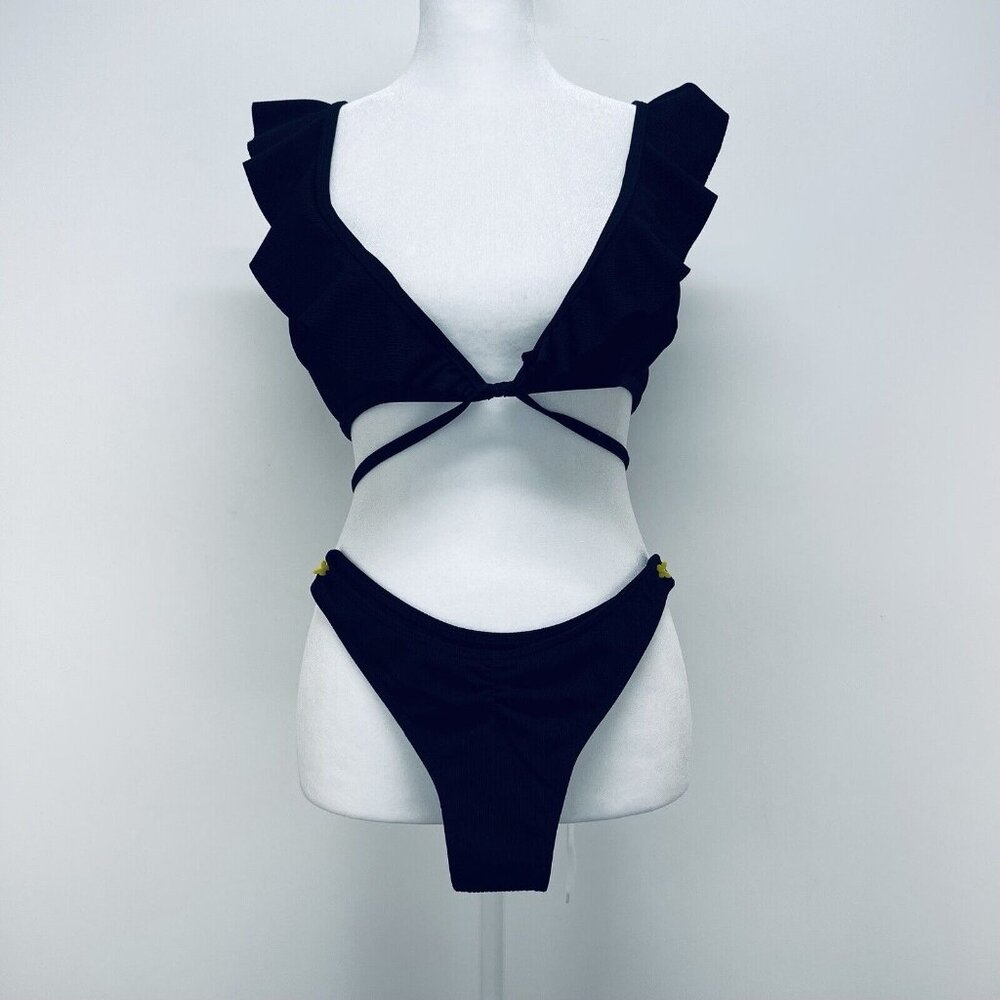 Zaful Bikini Size S Women’s Ruffle Swinsuit High Waist Side Tie Two Pieces Black